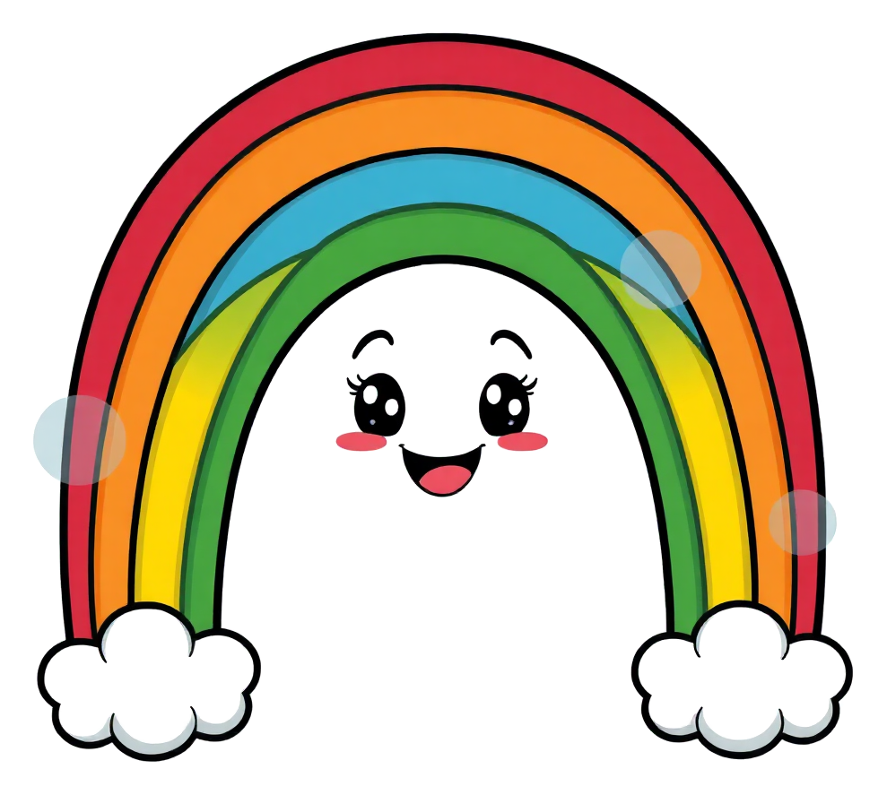 A big smiling rainbow arc curving over two fluffy clouds with a little sun peeking out — a free printable rainbow coloring page from Hello Playdate, drawn with thick simple outlines for little hands