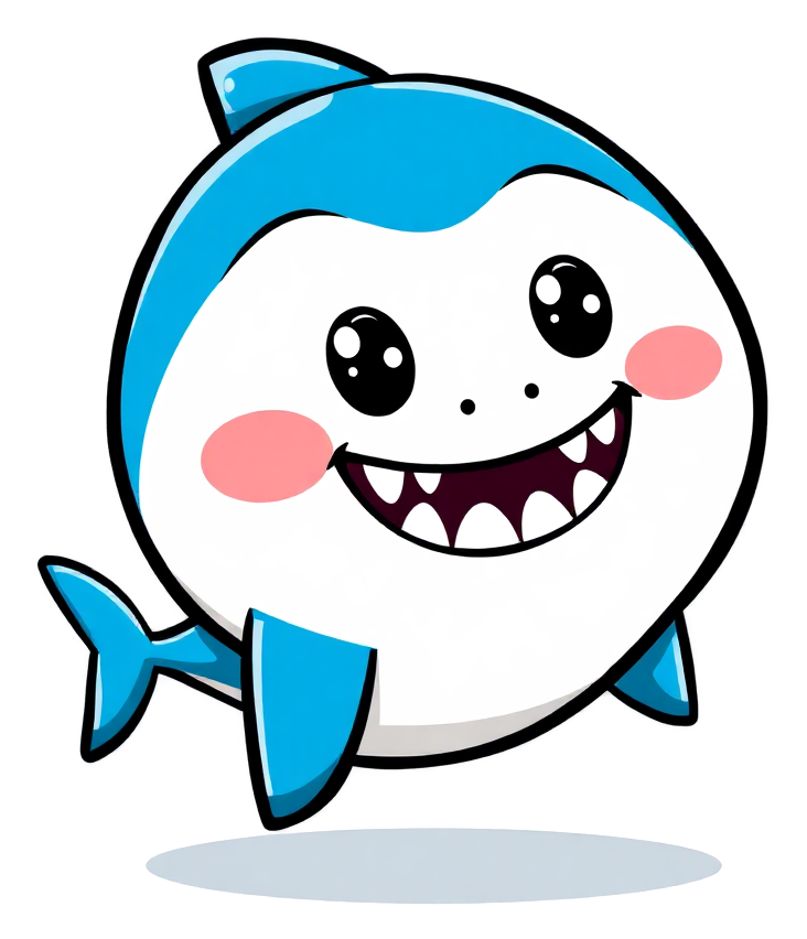 Friendly cartoon great white shark coloring page with thick black outlines and a big toothy grin, swimming over a few simple waves