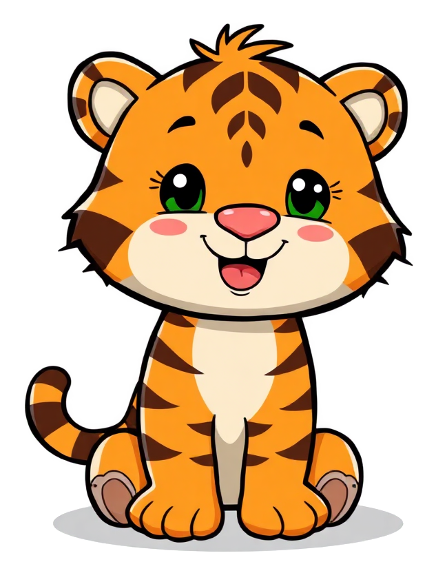 Friendly cartoon tiger coloring page with thick black outlines and bold blank stripes ready to color, sitting in tall grass