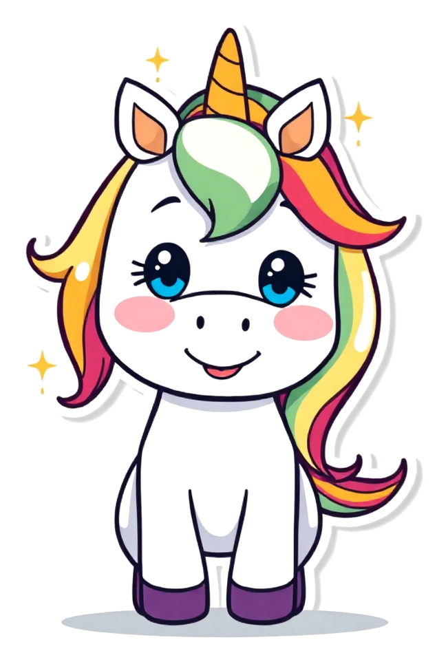 Smiling unicorn with a flowing rainbow mane and a gently curled horn standing in a flower meadow with a small rainbow behind it — a free printable unicorn coloring page from Hello Playdate