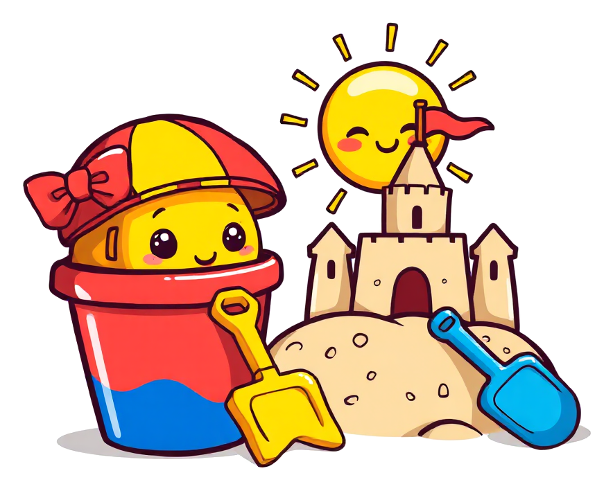 Summer coloring page with thick black outlines — a smiling sun, a sandcastle, a beach ball and an ice-cream cone, ready to print and color