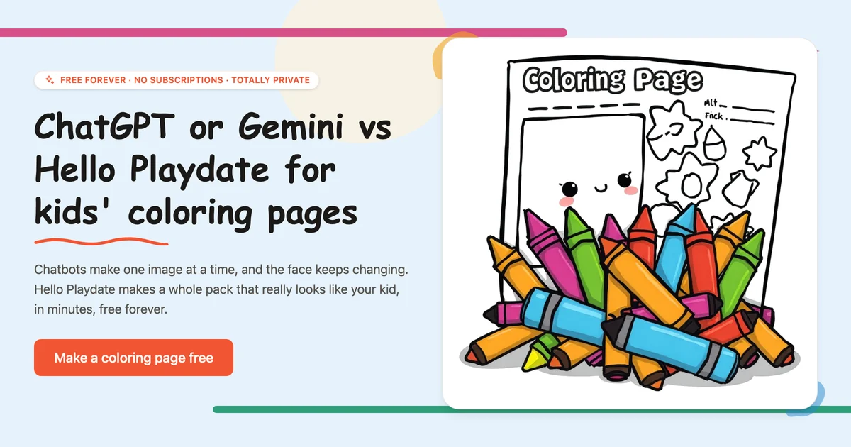 ChatGPT and Gemini compared with Hello Playdate for kids' coloring pages